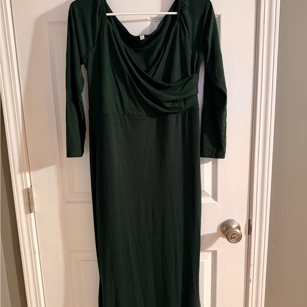 Long Sleeve Dark Green Draped Maxi Dress